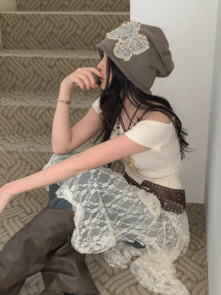 Vintage Big Ribbon Patch Long Beanie Hat