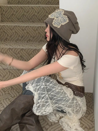 Vintage Big Ribbon Patch Long Beanie Hat