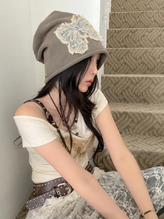 Vintage Big Ribbon Patch Long Beanie Hat