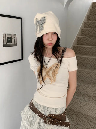 Vintage Big Ribbon Patch Long Beanie Hat