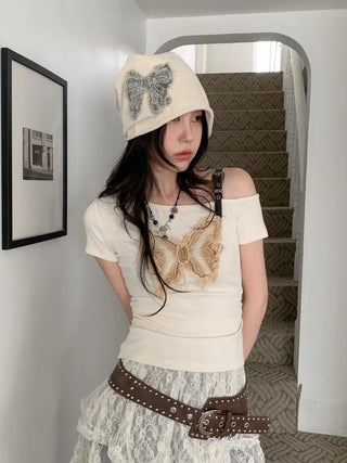 Vintage Big Ribbon Patch Long Beanie Hat