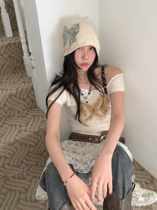 Vintage Big Ribbon Patch Long Beanie Hat