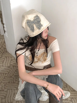 Vintage Big Ribbon Patch Long Beanie Hat
