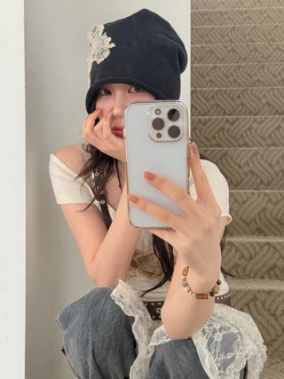 Vintage Big Ribbon Patch Long Beanie Hat