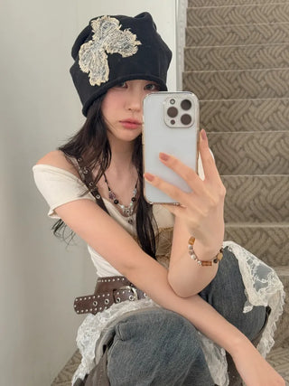 Vintage Big Ribbon Patch Long Beanie Hat