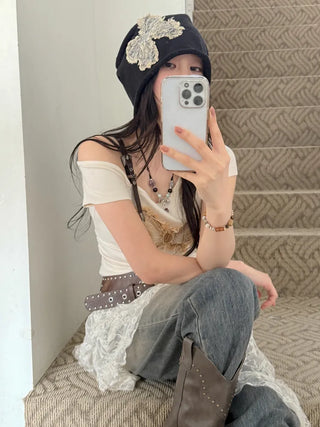 Vintage Big Ribbon Patch Long Beanie Hat