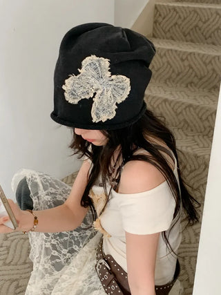 Vintage Big Ribbon Patch Long Beanie Hat