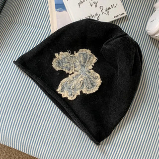 Vintage Big Ribbon Patch Long Beanie Hat