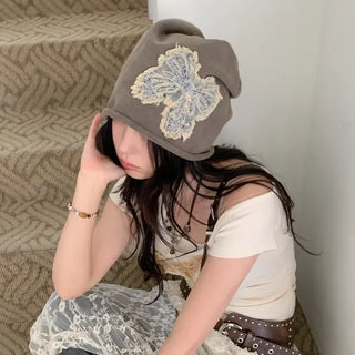 Vintage Big Ribbon Patch Long Beanie Hat