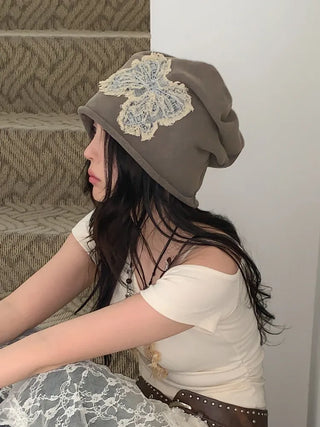 Vintage Big Ribbon Patch Long Beanie Hat