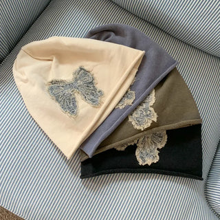Vintage Big Ribbon Patch Long Beanie Hat