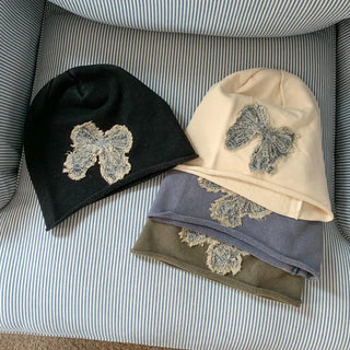Vintage Big Ribbon Patch Long Beanie Hat