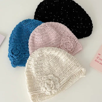 Rose Sequin Mesh Knit Beanie Hat