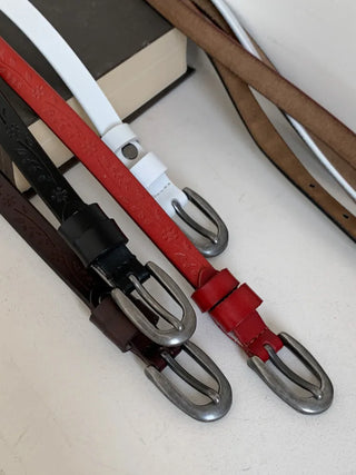 Drawing Vintage Pattern Thin Leather Slim Belt