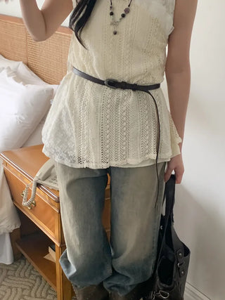 Drawing Vintage Pattern Thin Leather Slim Belt