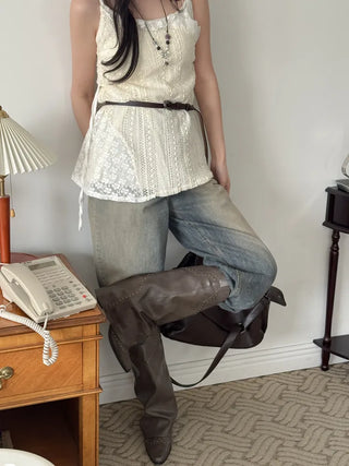Drawing Vintage Pattern Thin Leather Slim Belt