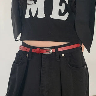 Drawing Vintage Pattern Thin Leather Slim Belt