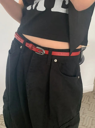 Drawing Vintage Pattern Thin Leather Slim Belt
