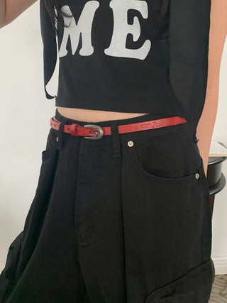 Drawing Vintage Pattern Thin Leather Slim Belt