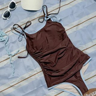 Double Strap Brown Contrast Shirred Monokini Swimsuit