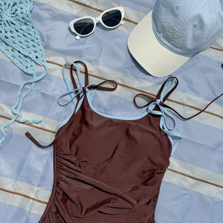 Double Strap Brown Contrast Shirred Monokini Swimsuit