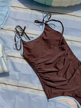 Double Strap Brown Contrast Shirred Monokini Swimsuit