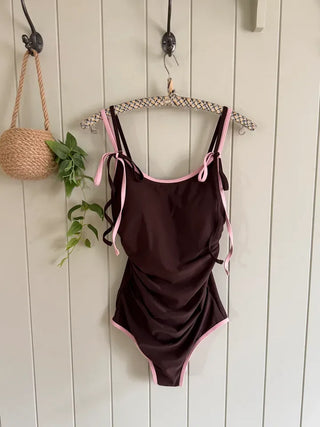 Double Strap Brown Contrast Shirred Monokini Swimsuit