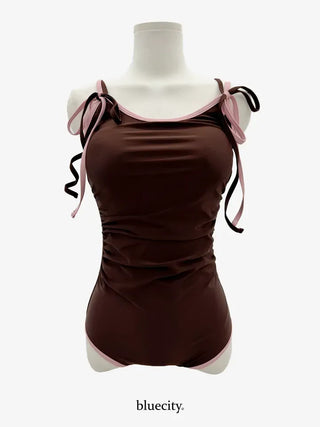 Double Strap Brown Contrast Shirred Monokini Swimsuit