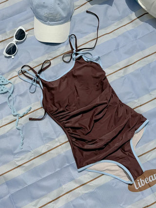 Double Strap Brown Contrast Shirred Monokini Swimsuit