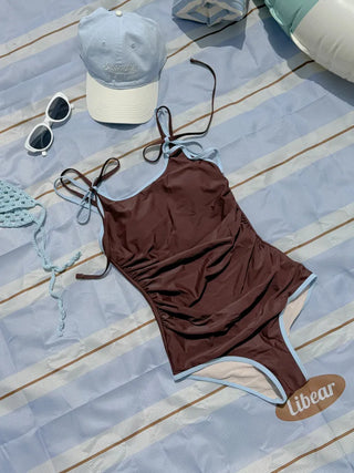 Double Strap Brown Contrast Shirred Monokini Swimsuit