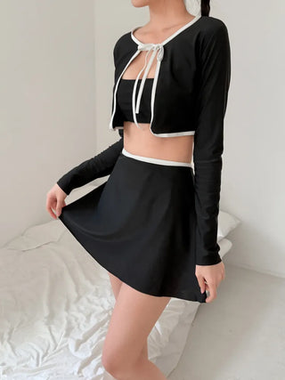 Standard Black and White Cardigan Skirt Set Bikini Swimwear