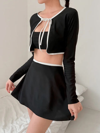 Standard Black and White Cardigan Skirt Set Bikini Swimwear