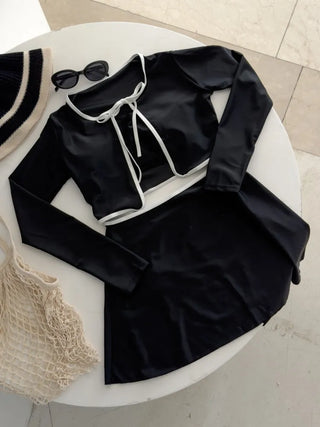 Standard Black and White Cardigan Skirt Set Bikini Swimwear