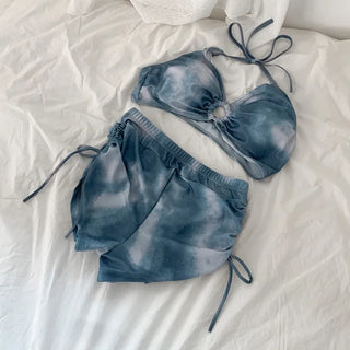 Tie-dye Blue Cover-up Set Bikini Swimsuit