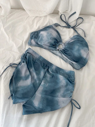 Tie-dye Blue Cover-up Set Bikini Swimsuit