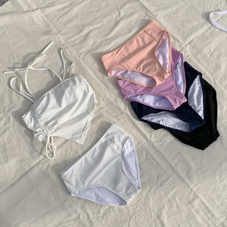 Two-Line Cut Shirred String Two-Piece Bikini Swimsuit