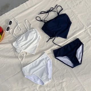 Two-Line Cut Shirred String Two-Piece Bikini Swimsuit
