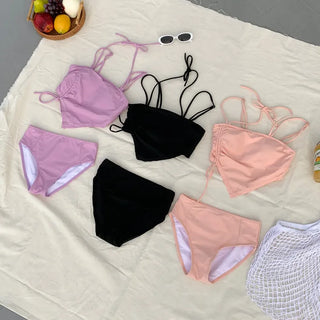 Two-Line Cut Shirred String Two-Piece Bikini Swimsuit