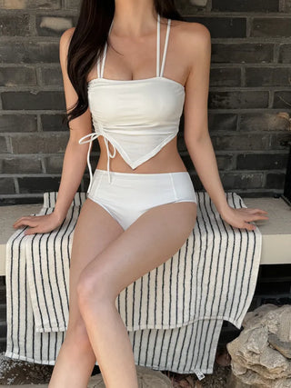 Two-Line Cut Shirred String Two-Piece Bikini Swimsuit