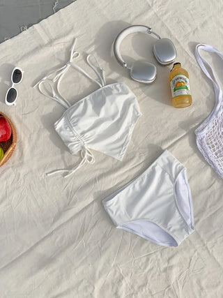 Two-Line Cut Shirred String Two-Piece Bikini Swimsuit