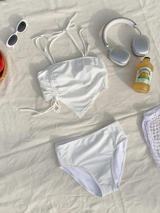 Two-Line Cut Shirred String Two-Piece Bikini Swimsuit