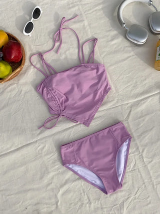 Two-Line Cut Shirred String Two-Piece Bikini Swimsuit