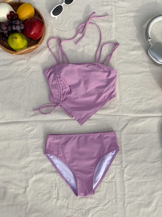 Two-Line Cut Shirred String Two-Piece Bikini Swimsuit