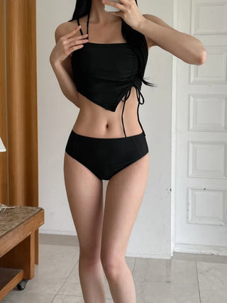 Two-Line Cut Shirred String Two-Piece Bikini Swimsuit