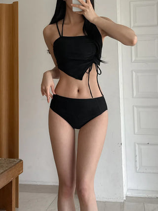 Two-Line Cut Shirred String Two-Piece Bikini Swimsuit