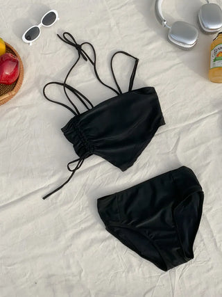 Two-Line Cut Shirred String Two-Piece Bikini Swimsuit