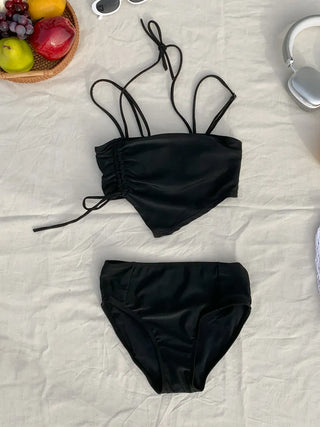 Two-Line Cut Shirred String Two-Piece Bikini Swimsuit