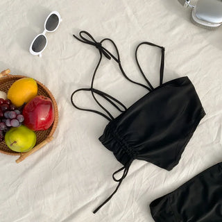 Two-Line Cut Shirred String Two-Piece Bikini Swimsuit