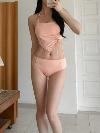 Two-Line Cut Shirred String Two-Piece Bikini Swimsuit