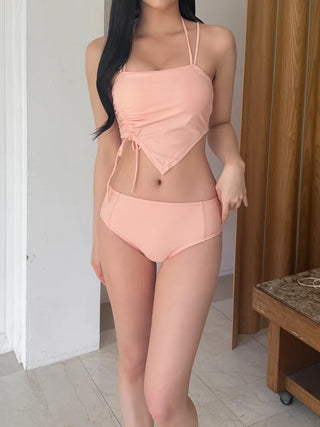 Two-Line Cut Shirred String Two-Piece Bikini Swimsuit